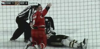 Charlotte Checkers forward Derek Sheppard immediately waves for help after KO of Kale Kessy Charlotte Checkers forward Derek Sheppard waves for help after KO