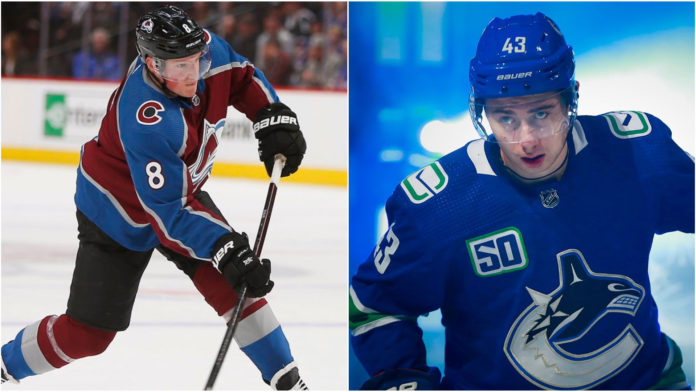 Cale-Makar-vs.-Quinn-Hughes-Calder-debate Cale Makar of the Colorado Avalanche and Quinn Hughes of the Vancouver Canucks