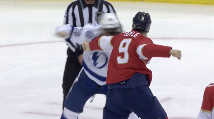 Brian Boyle vs. Mikhail Sergachev Brian Boyle and Mikhail Sergachev drop the gloves
