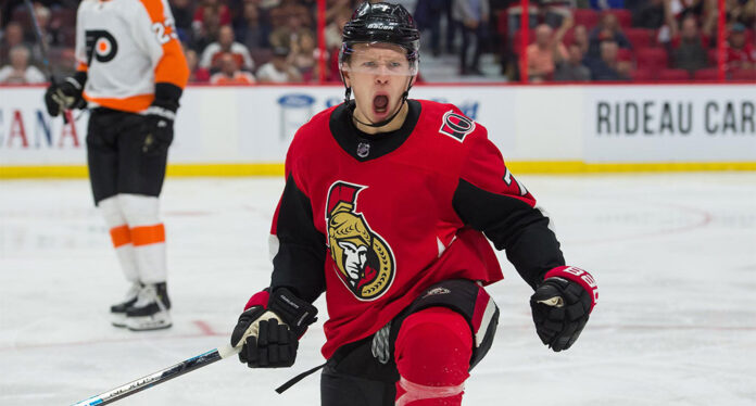 Brady-Tkachuk-celebrates-goal Brady Tkachuk of the Ottawa Senators celebrates a goal against the Philadelphia Flyers