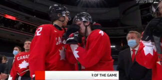 Bowen Byram fights back tears as he receives player of the game award Bowen Byram fights back tears after being named player of the game