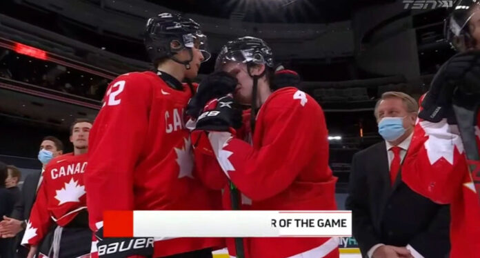 Bowen-Byram-emotion Bowen Byram fights back tears after being named player of the game