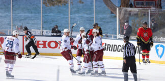 The Colorado Avalanche celebrate a goal against the Vegas Golden Knights at Lake Tahoe