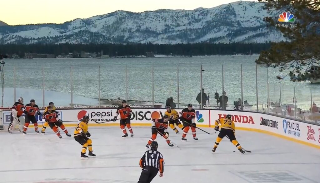 Charlie McAvoy scores at Lake Tahoe with beautiful backdrop