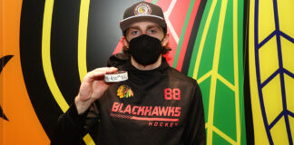 Patrick Kane: Blackhawks Return Isn’t a Farewell Tour Chicago Blackhawks forward Patrick poses with his 400th NHL goal puck