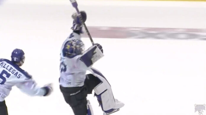 Todd-Scott-scores-goal Tri-City Storm goalie Todd Scott scores a goal against the Sioux Falls Stampede