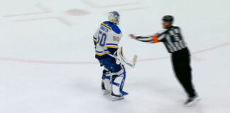 Jordan Binnington challenges Philipp Grubauer at end of Game 1 Jordan Binnington challenges Philipp Grubauer