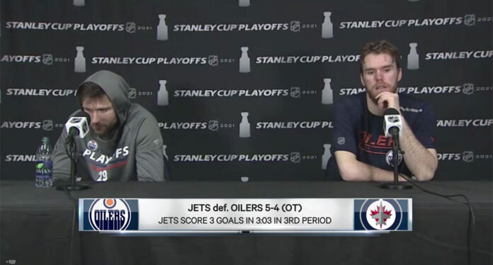 McDavid-and-Draisaitl-post-game Connor McDavid and Leon Draisaitl post-game interview after Game 3