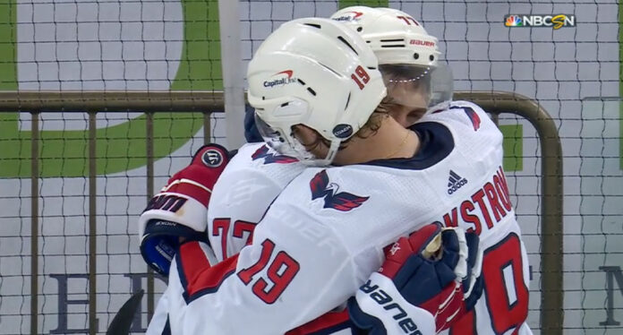Oshie-hug Washington Capitals forward TJ Oshie hugs teammate Nicklas Backstrom