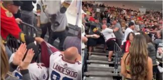 Vegas fan steals flag from Avalanche fan after Game 6 victory Vegas fan steals flag Avalanche fan