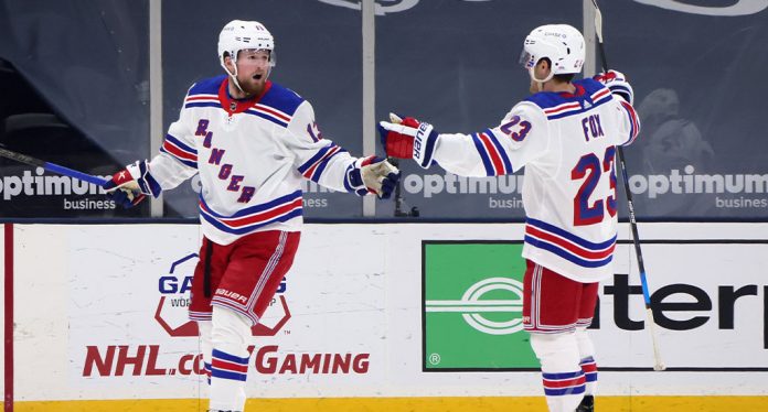 Alexis-Lafreniere-and-Adam-Fox New York Rangers' Alexis Lafreniere and Adam Fox celebrate a goal