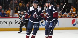 2021-22 NHL Central Division Predictions Nathan MacKinnon and Cale Makar celebrate a goal