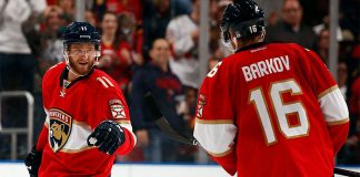 2021-22 NHL Atlantic Division Predictions Florida Panthers' forwards Aleksander Barkov and Jonathan Huberdeau celebrate a goal
