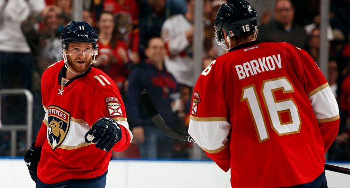 Florida-Panthers-Barkov-and-Huberdeau Florida Panthers' forwards Aleksander Barkov and Jonathan Huberdeau celebrate a goal