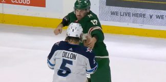 Marcus Foligno begins fight with superman punch Minnesota Wild forward Marcus Foligno during an NHL game against the Dallas Stars