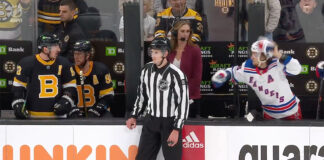 Artemi Panarin throws glove at Brad Marchand from the bench Artemi Panarin throws his glove at Brad Marchand