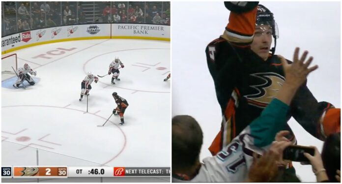 Trevor Zegras OT winner Trevor Zegras scores overtime winner and does stick toss celly