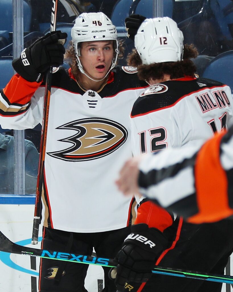 Trevor Zegras reacts to Sonny Milano goal