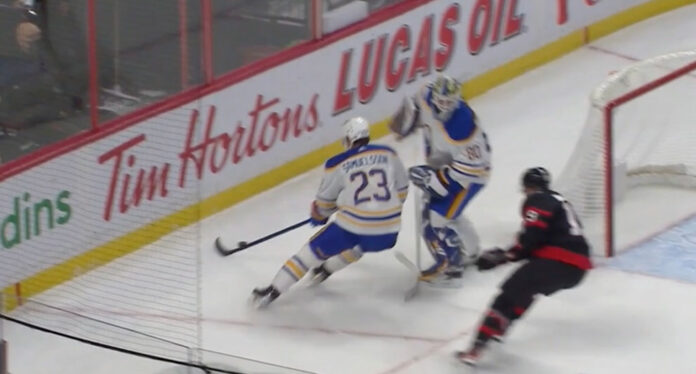 Aaron Dell hits Drake Batherson Aaron Dell throws hit on Drake Batherson