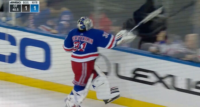 Igor-Shesterkin-smashes-stick-after-being-pulled Igor Shesterkin smashes stick after being pulled by concussion spotters