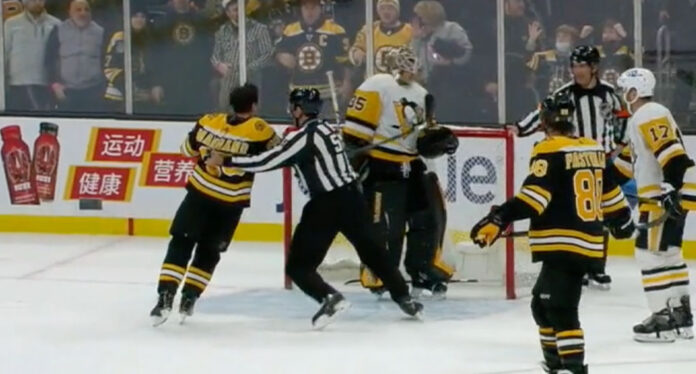 Marchand-Jarry Brad Marchand punches and swings stick at Tristan Jarry
