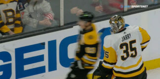 Brad Marchand trolls Tristan Jarry with savage move Brad Marchand prevents Tristan Jarry from giving puck to fan in stands