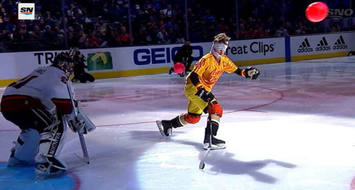 Zegras-trick-shot Trevor Zegras trick shot skills competition