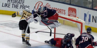 Elvis Merzlikins makes impressive leap over teammate Elvis Merzlikins impressive jump over Zach Werenski