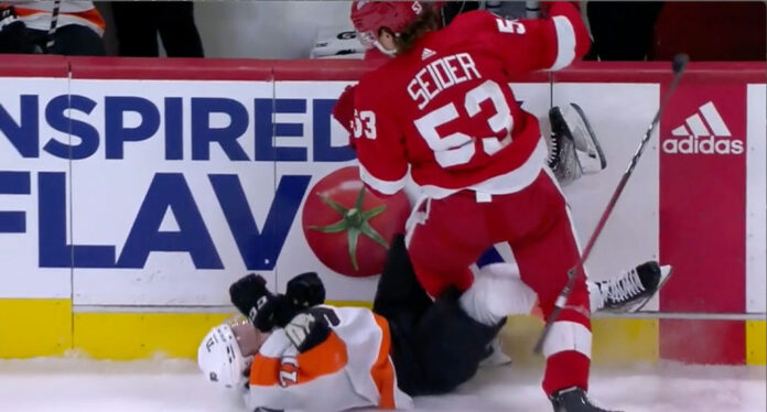 Mo-Seider-reverse-hit Red Wings' Mo Seider reverse hit on Philadelphia Flyers' Max Willman
