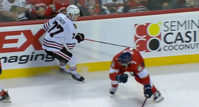 Radko-Gudas-hip-check Radko Gudas flips Kirby Dach with hip check