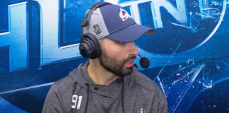 Jordan Binnington throws water bottle at Nazem Kadri during post-game interview Jordan Binnington throws water bottle at Nazem Kadri during interview