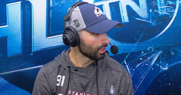 Jordan-Binnington-throws-water-bottle-at-Nazem-Kadri Jordan Binnington throws water bottle at Nazem Kadri during interview