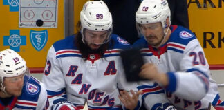 Chris Kreider throws tablet away from Mika Zibanejad Chris Kreider throws tablet away from Mika Zibanejad