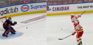 Rasmus Andersson scores on Mike Smith from own blueline Rasmus Andersson scores on Mike Smith from own blueline