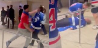 Rangers fan knocks out Lightning fan with sucker punch Rangers fan knocks out Lightning fan Madison Square Garden