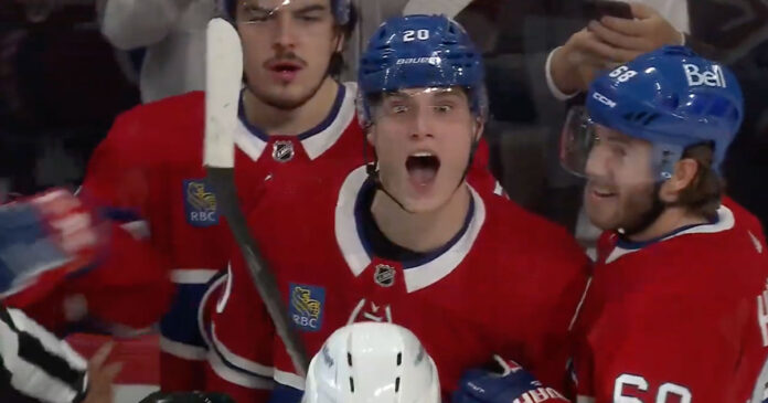 Juraj-Slafkovsky-taunts-Josh-Brown Montreal Canadiens Juraj Slafkovsky scores first NHL goal and taunts Arizona Coyotes Josh Brown