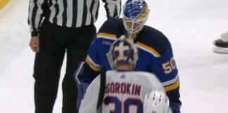 Jordan Binnington bumps into Ilya Sorokin at center ice St. Louis Blues goalie Jordan Binnington bumps into New York Islanders goalie Ilya Sorokin