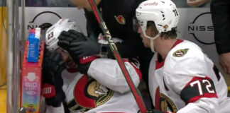 Thomas Chabot accidentally slashes teammate Travis Hamonic in the face Thomas Chabot slashes Travis Hamonic in the face