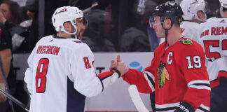 Patrick Kane and Jonathan Toews congratulate Alex Ovechkin on 800 goals Chicago Blackhawks Jonathan Toews and Patrick Kane congratulate Alex Ovechkin on 800 goals