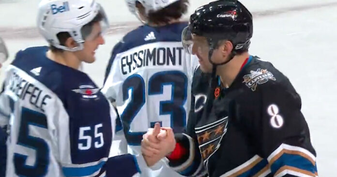 Winnipeg-Jets-Ovechkin Mark Scheifele shakes Alex Ovechkin hand