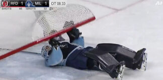Milwaukee Admirals goalie Yaroslav Askarov bench presses net after winning in shootout Milwaukee Admirals goalie Yaroslav Askarov bench presses net