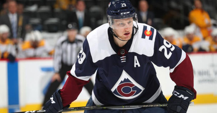 Avalanche-jersey-history Nathan MacKinnon wearing the Colorado Avalanche current jersey