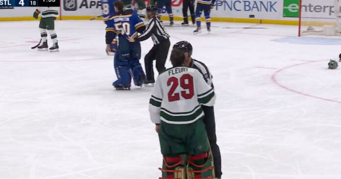 Binnington-vs-Fleury-goalie-fight Marc-Andre Fleury tries to fight Jordan Binnington