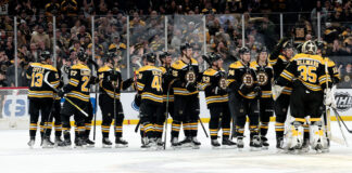 Bruins clinch Presidents’ Trophy with epic OT win over Blue Jackets Bruins celebrate winning Presidents Trophy