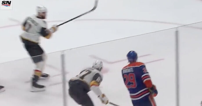 Alex-Pietrangelo-suspended Vegas Golden Knights defenseman Alex Pietrangelo slashes Edmonton Oilers Leon Draisaitl