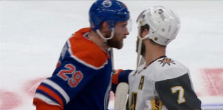 Leon Draisaitl reluctantly shakes Alex Pietrangelo’s hand after series Edmonton Oilers Leon Draisaitl and Vegas Golden Knights Alex Pietrangelo in the handshake line