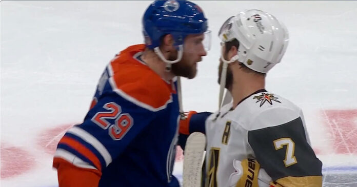 Leon-Draisaitl-Alex-Pietrangelo-handshake Edmonton Oilers Leon Draisaitl and Vegas Golden Knights Alex Pietrangelo in the handshake line