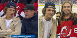 Trevor Zegras attends Devils playoff game to support Jack Hughes Trevor Zegras attends New Jersey Devils playoff games to support Jack Hughes