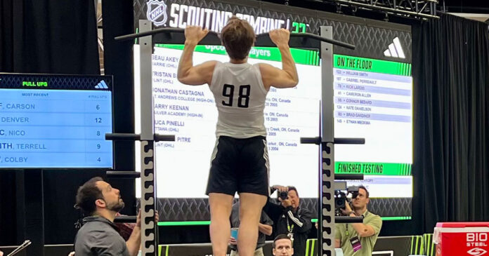 Connor Bedard NHL Draft Combine Connor Bedard does pull-ups at the NHL Combine