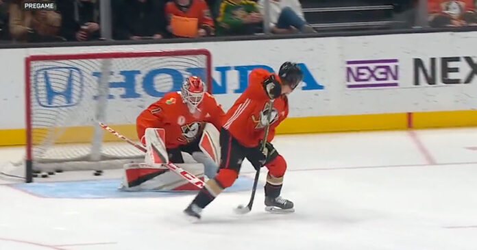 Trevor-Zegras-goal-in-warm-ups Anaheim Ducks' Trevor Zegras scores crazy goal in warm-ups against Los Angeles Kings